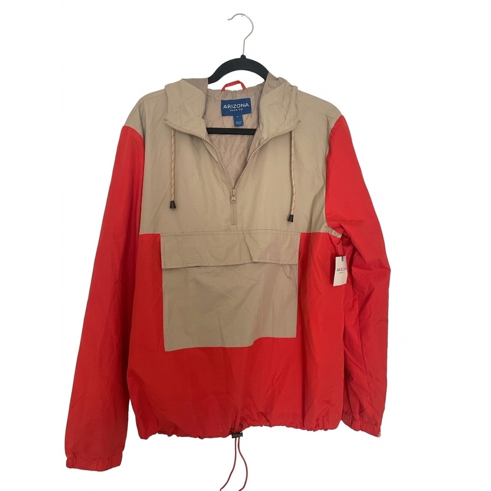 Arizona Jean Co Mens Retro Color block Windbreaker Jacket Fiery Red/Tan Sz M